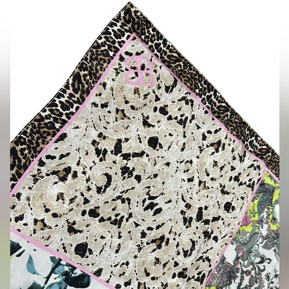 Pure Silk Scarf by Bassler leopard floral black cream pink teal 27x27